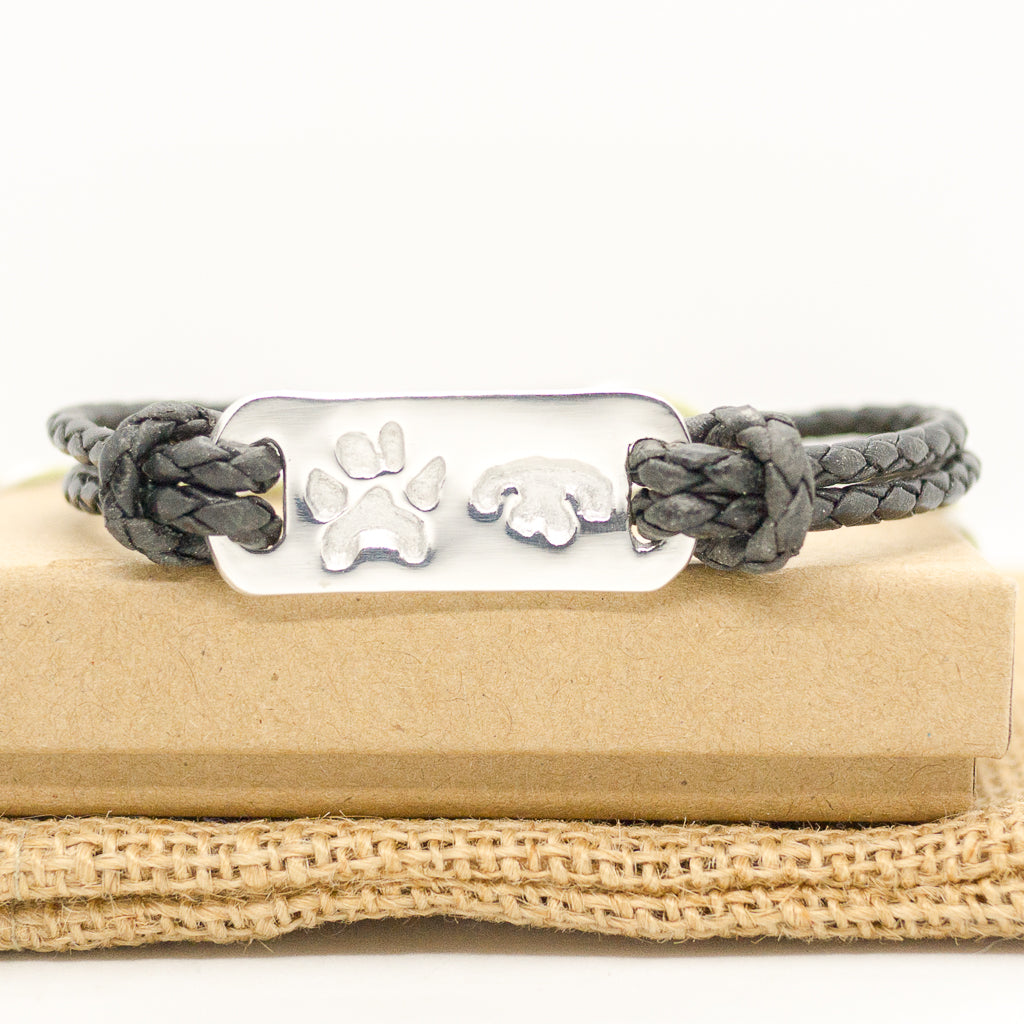 Men's Black Leather pet nose and paw print Bracelet